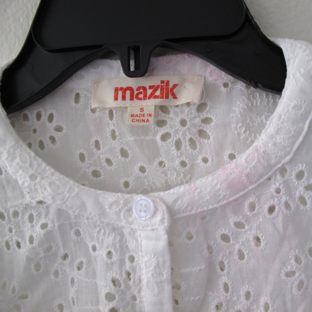 MAZIK White Embroidered BLOUSE Ruffle front Size: SMALL Long Sleeve NWT